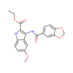 CCOC(=O)c1[nH]c2ccc(OC)cc2c1NC(=O)c1ccc2c(c1)OCO2 ZINC000002264493