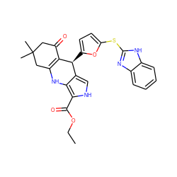 CCOC(=O)c1[nH]cc2c1NC1=C(C(=O)CC(C)(C)C1)[C@H]2c1ccc(Sc2nc3ccccc3[nH]2)o1 ZINC000118042104