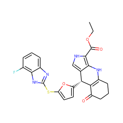 CCOC(=O)c1[nH]cc2c1NC1=C(C(=O)CCC1)[C@@H]2c1ccc(Sc2nc3cccc(F)c3[nH]2)o1 ZINC000299858522