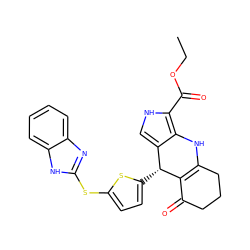 CCOC(=O)c1[nH]cc2c1NC1=C(C(=O)CCC1)[C@@H]2c1ccc(Sc2nc3ccccc3[nH]2)s1 ZINC000299860451