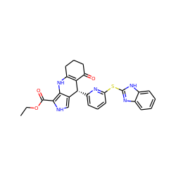 CCOC(=O)c1[nH]cc2c1NC1=C(C(=O)CCC1)[C@@H]2c1cccc(Sc2nc3ccccc3[nH]2)n1 ZINC000299865799