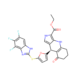 CCOC(=O)c1[nH]cc2c1NC1=C(C(=O)CCC1)[C@H]2c1ccc(Sc2nc3c(F)c(F)c(F)cc3[nH]2)o1 ZINC000118040546