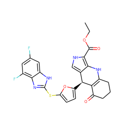 CCOC(=O)c1[nH]cc2c1NC1=C(C(=O)CCC1)[C@H]2c1ccc(Sc2nc3c(F)cc(F)cc3[nH]2)o1 ZINC000118038187