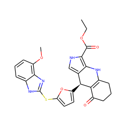 CCOC(=O)c1[nH]cc2c1NC1=C(C(=O)CCC1)[C@H]2c1ccc(Sc2nc3c(OC)cccc3[nH]2)o1 ZINC000204758367