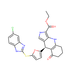 CCOC(=O)c1[nH]cc2c1NC1=C(C(=O)CCC1)[C@H]2c1ccc(Sc2nc3cc(Cl)ccc3[nH]2)o1 ZINC000118037628