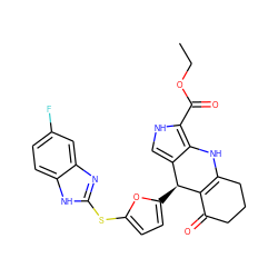 CCOC(=O)c1[nH]cc2c1NC1=C(C(=O)CCC1)[C@H]2c1ccc(Sc2nc3cc(F)ccc3[nH]2)o1 ZINC000118045836