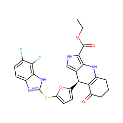 CCOC(=O)c1[nH]cc2c1NC1=C(C(=O)CCC1)[C@H]2c1ccc(Sc2nc3ccc(F)c(F)c3[nH]2)o1 ZINC000118041750