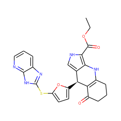 CCOC(=O)c1[nH]cc2c1NC1=C(C(=O)CCC1)[C@H]2c1ccc(Sc2nc3cccnc3[nH]2)o1 ZINC000118044480