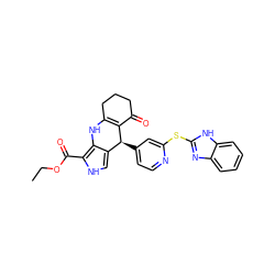 CCOC(=O)c1[nH]cc2c1NC1=C(C(=O)CCC1)[C@H]2c1ccnc(Sc2nc3ccccc3[nH]2)c1 ZINC000299860676