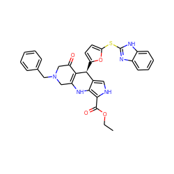 CCOC(=O)c1[nH]cc2c1NC1=C(C(=O)CN(Cc3ccccc3)C1)[C@H]2c1ccc(Sc2nc3ccccc3[nH]2)o1 ZINC000299865615