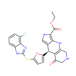 CCOC(=O)c1[nH]cc2c1NC1=C(C(=O)CNC1)[C@H]2c1ccc(Sc2nc3c(F)cccc3[nH]2)o1 ZINC000299864313