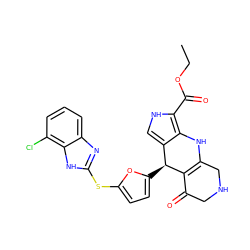 CCOC(=O)c1[nH]cc2c1NC1=C(C(=O)CNC1)[C@H]2c1ccc(Sc2nc3cccc(Cl)c3[nH]2)o1 ZINC000299870409