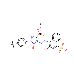 CCOC(=O)c1[nH]n(-c2ccc(C(C)(C)C)cc2)c(=O)c1/N=N/c1c(O)cc(S(=O)(=O)O)c2ccccc12 ZINC000169330026