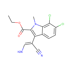 CCOC(=O)c1c(/C(C#N)=C/N)c2ccc(Cl)c(Cl)c2n1C ZINC000100207789