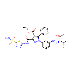 CCOC(=O)c1c(C(=O)Nc2nnc(S(N)(=O)=O)s2)nn(-c2cccc(NN=C(C(C)=O)C(C)=O)c2)c1-c1ccccc1 ZINC000072136398