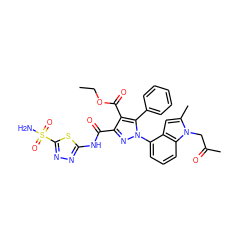 CCOC(=O)c1c(C(=O)Nc2nnc(S(N)(=O)=O)s2)nn(-c2cccc3c2cc(C)n3CC(C)=O)c1-c1ccccc1 ZINC000064447524