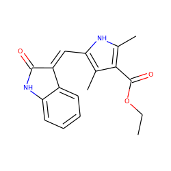 CCOC(=O)c1c(C)[nH]c(/C=C2/C(=O)Nc3ccccc32)c1C ZINC000016052836