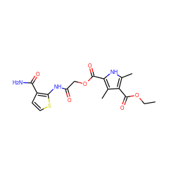 CCOC(=O)c1c(C)[nH]c(C(=O)OCC(=O)Nc2sccc2C(N)=O)c1C ZINC000005326347