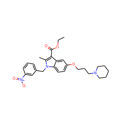 CCOC(=O)c1c(C)n(Cc2cccc([N+](=O)[O-])c2)c2ccc(OCCCN3CCCCC3)cc12 ZINC000653730438