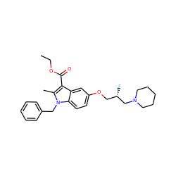 CCOC(=O)c1c(C)n(Cc2ccccc2)c2ccc(OC[C@H](F)CN3CCCCC3)cc12 ZINC000653728656