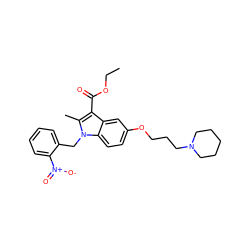 CCOC(=O)c1c(C)n(Cc2ccccc2[N+](=O)[O-])c2ccc(OCCCN3CCCCC3)cc12 ZINC000653730524