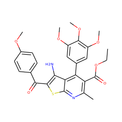 CCOC(=O)c1c(C)nc2sc(C(=O)c3ccc(OC)cc3)c(N)c2c1-c1cc(OC)c(OC)c(OC)c1 ZINC000223414868