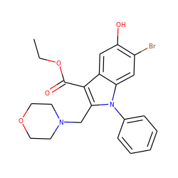 CCOC(=O)c1c(CN2CCOCC2)n(-c2ccccc2)c2cc(Br)c(O)cc12 ZINC000019790628