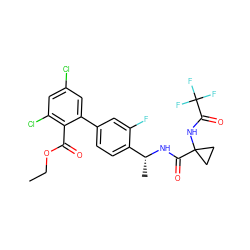 CCOC(=O)c1c(Cl)cc(Cl)cc1-c1ccc([C@@H](C)NC(=O)C2(NC(=O)C(F)(F)F)CC2)c(F)c1 ZINC000028822424