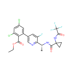 CCOC(=O)c1c(Cl)cc(Cl)cc1-c1cnc([C@@H](C)NC(=O)C2(NC(=O)C(F)(F)F)CC2)c(F)c1 ZINC000028822454