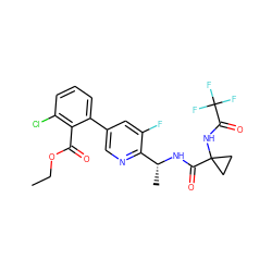 CCOC(=O)c1c(Cl)cccc1-c1cnc([C@@H](C)NC(=O)C2(NC(=O)C(F)(F)F)CC2)c(F)c1 ZINC000028822452