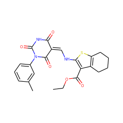 CCOC(=O)c1c(N/C=C2/C(=O)NC(=O)N(c3cccc(C)c3)C2=O)sc2c1CCCC2 ZINC000000805212