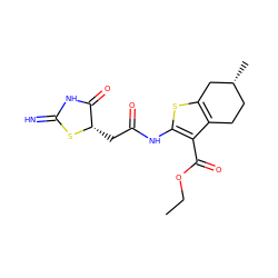 CCOC(=O)c1c(NC(=O)C[C@@H]2SC(=N)NC2=O)sc2c1CC[C@@H](C)C2 ZINC000005996489