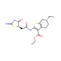 CCOC(=O)c1c(NC(=O)C[C@H]2SC(=N)NC2=O)sc2c1CC[C@@H](CC)C2 ZINC000653779544