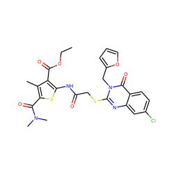 CCOC(=O)c1c(NC(=O)CSc2nc3cc(Cl)ccc3c(=O)n2Cc2ccco2)sc(C(=O)N(C)C)c1C ZINC000008685291