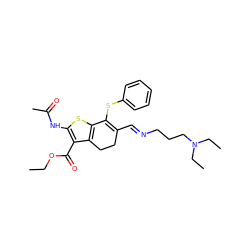 CCOC(=O)c1c(NC(C)=O)sc2c1CCC(/C=N/CCCN(CC)CC)=C2Sc1ccccc1 ZINC000100209040