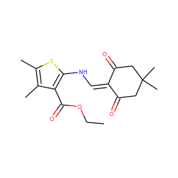 CCOC(=O)c1c(NC=C2C(=O)CC(C)(C)CC2=O)sc(C)c1C ZINC000100567006