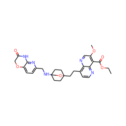 CCOC(=O)c1c(OC)cnc2c(CCC34CCC(NCc5ccc6c(n5)NC(=O)CO6)(CC3)CO4)ccnc12 ZINC000299861733