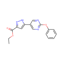 CCOC(=O)c1cc(-c2cnc(Oc3ccccc3)nc2)[nH]n1 ZINC000118620984