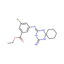 CCOC(=O)c1cc(Br)cc(/N=C2\NC(=N)NC3(CCCCC3)N2)c1 ZINC000095617480