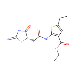 CCOC(=O)c1cc(CC)sc1NC(=O)C[C@@H]1SC(=N)NC1=O ZINC000002484563