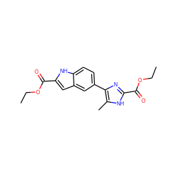 CCOC(=O)c1cc2cc(-c3nc(C(=O)OCC)[nH]c3C)ccc2[nH]1 ZINC000115836324