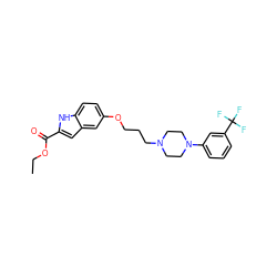 CCOC(=O)c1cc2cc(OCCCN3CCN(c4cccc(C(F)(F)F)c4)CC3)ccc2[nH]1 ZINC000045253294