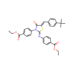 CCOC(=O)c1ccc(/N=C2\S/C(=C\c3ccc(C(C)(C)C)cc3)C(=O)N2c2ccc(C(=O)OCC)cc2)cc1 ZINC000008452867