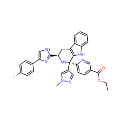 CCOC(=O)c1ccc([C@]2(c3cnn(C)c3)N[C@@H](c3nc(-c4ccc(F)cc4)c[nH]3)Cc3c2[nH]c2ccccc32)nc1 ZINC000299834492