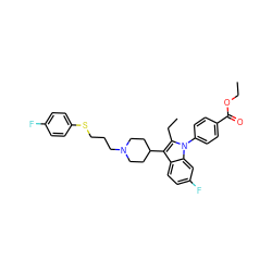 CCOC(=O)c1ccc(-n2c(CC)c(C3CCN(CCCSc4ccc(F)cc4)CC3)c3ccc(F)cc32)cc1 ZINC000136919482