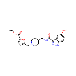 CCOC(=O)c1ccc(CN2CCC(CNC(=O)c3n[nH]c4ccc(OC)cc34)CC2)o1 ZINC000220791714