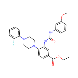 CCOC(=O)c1ccc(N2CCN(c3ccccc3F)CC2)c(NC(=O)Nc2cccc(OC)c2)c1 ZINC000008683003