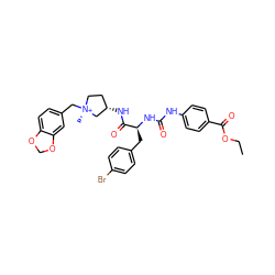 CCOC(=O)c1ccc(NC(=O)N[C@@H](Cc2ccc(Br)cc2)C(=O)N[C@H]2CC[N@+](C)(Cc3ccc4c(c3)OCO4)C2)cc1 ZINC000261076659