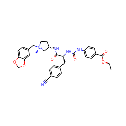 CCOC(=O)c1ccc(NC(=O)N[C@@H](Cc2ccc(C#N)cc2)C(=O)N[C@H]2CC[N@@+](C)(Cc3ccc4c(c3)OCO4)C2)cc1 ZINC000253868801