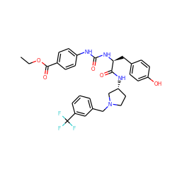 CCOC(=O)c1ccc(NC(=O)N[C@@H](Cc2ccc(O)cc2)C(=O)N[C@@H]2CCN(Cc3cccc(C(F)(F)F)c3)C2)cc1 ZINC000044305877